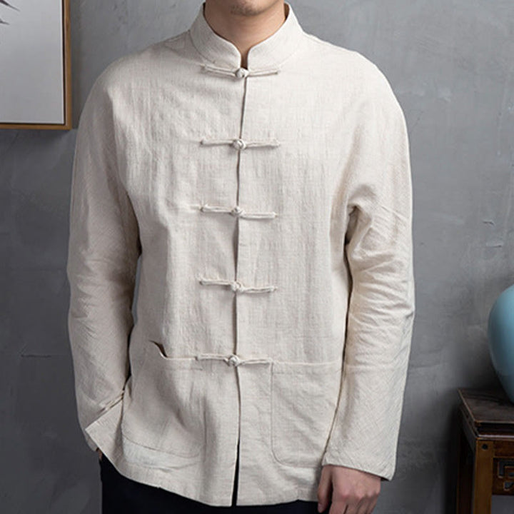 Camicia da uomo in lino con bottoni a rana casual tinta unita Buddha Stones