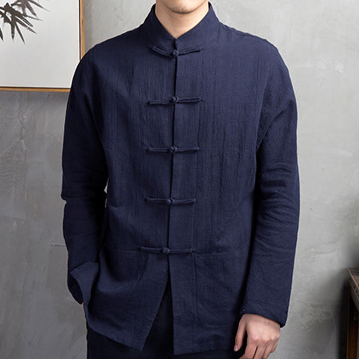 Camicia da uomo in lino con bottoni a rana casual tinta unita Buddha Stones