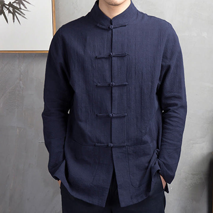 Camicia da uomo in lino con bottoni a rana casual tinta unita Buddha Stones