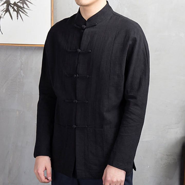 Camicia da uomo in lino con bottoni a rana casual tinta unita Buddha Stones