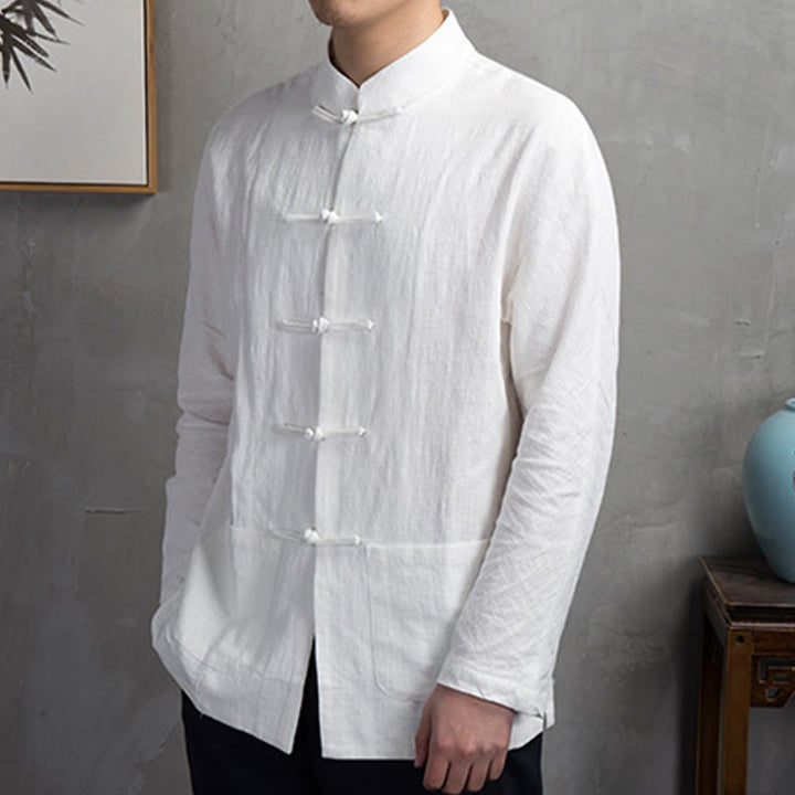 Camicia da uomo in lino con bottoni a rana casual tinta unita Buddha Stones