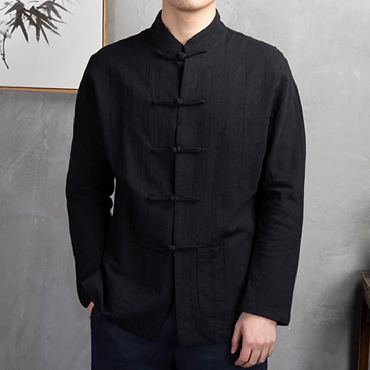 Camicia da uomo in lino con bottoni a rana casual tinta unita Buddha Stones
