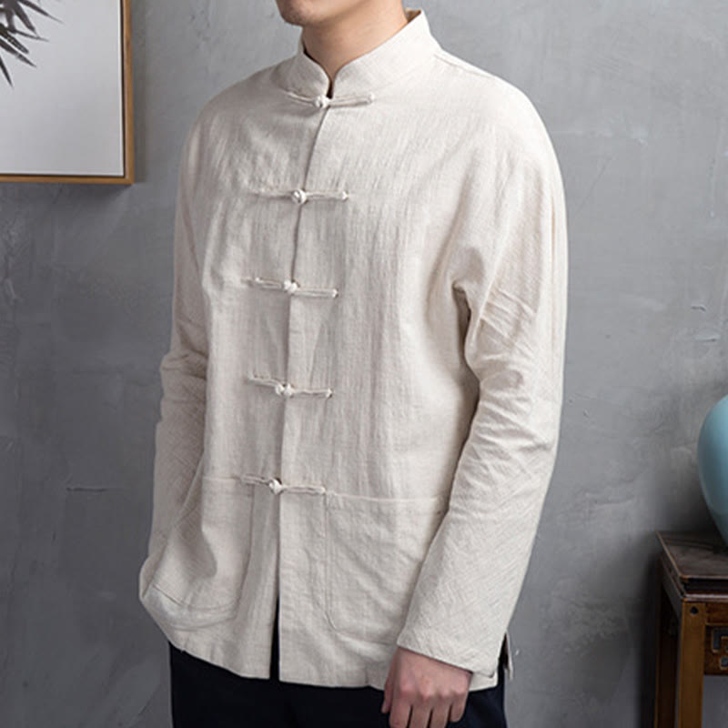 Camicia da uomo in lino con bottoni a rana casual tinta unita Buddha Stones