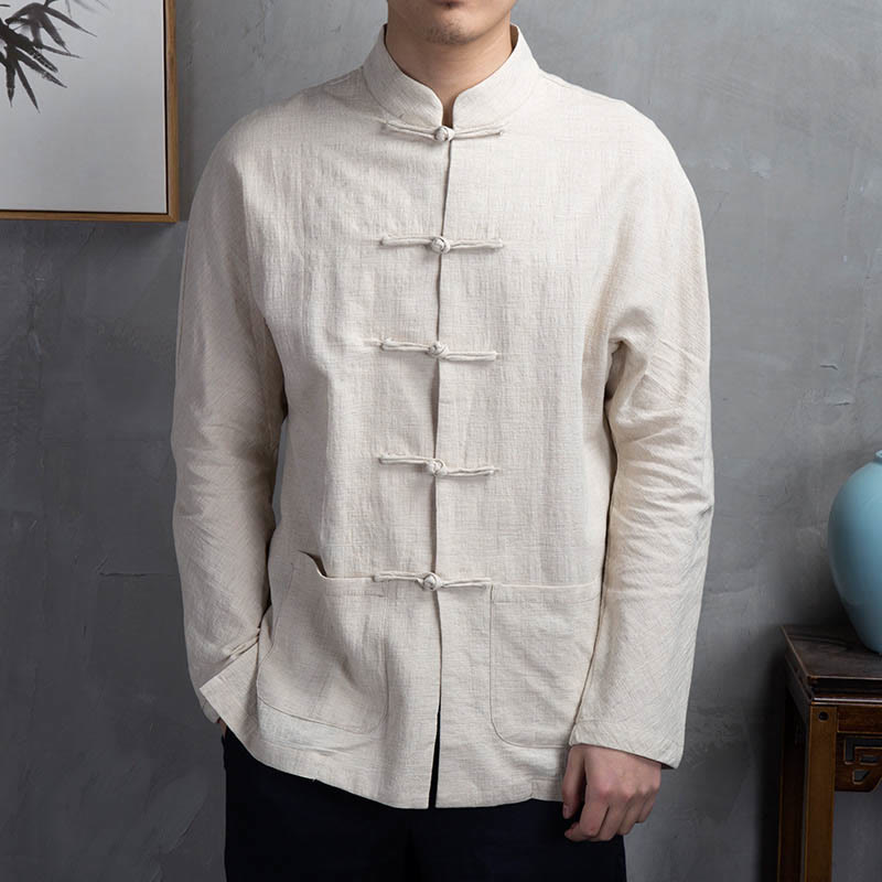 Camicia da uomo in lino con bottoni a rana casual tinta unita Buddha Stones