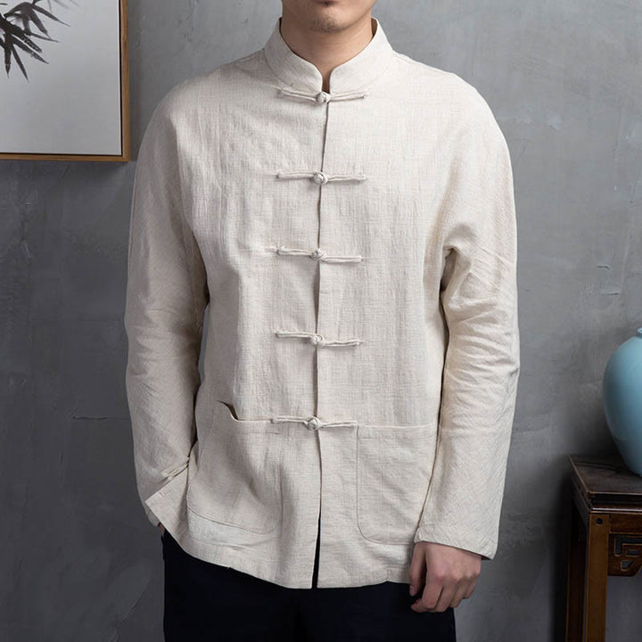 Camicia da uomo in lino con bottoni a rana casual tinta unita Buddha Stones