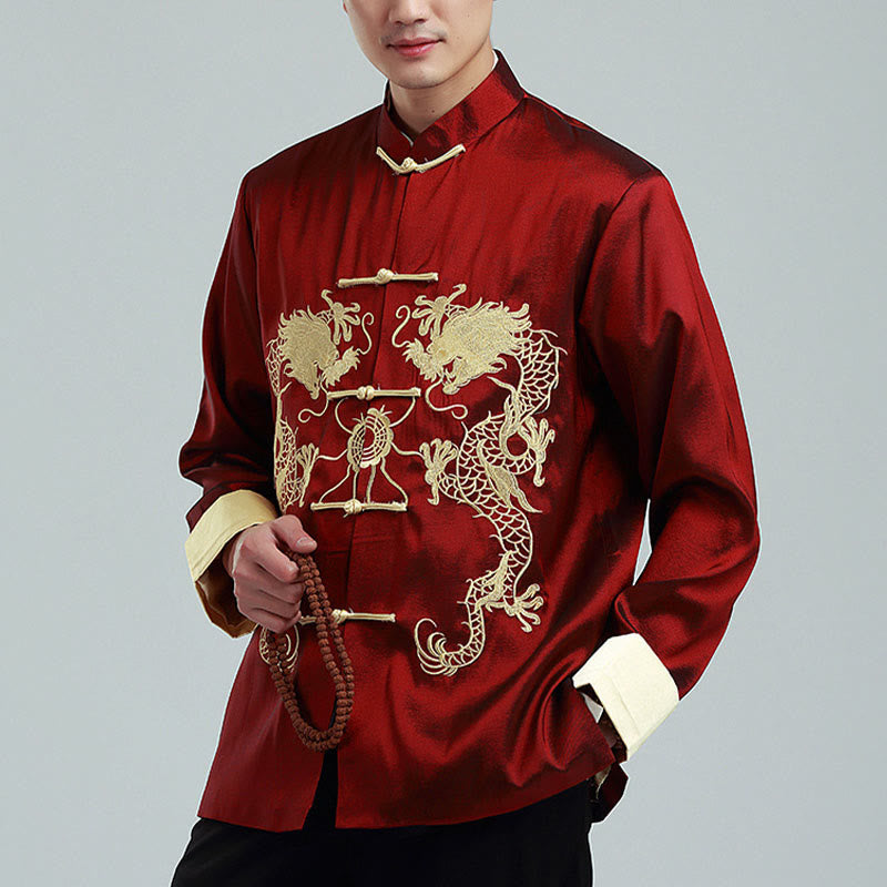 Buddha Stones Ricama Drago Maniche Girate Casual Rana-bottoni Fibra di Poliestere Giacca Camicia Pantaloni Abbigliamento Uomo - image 2