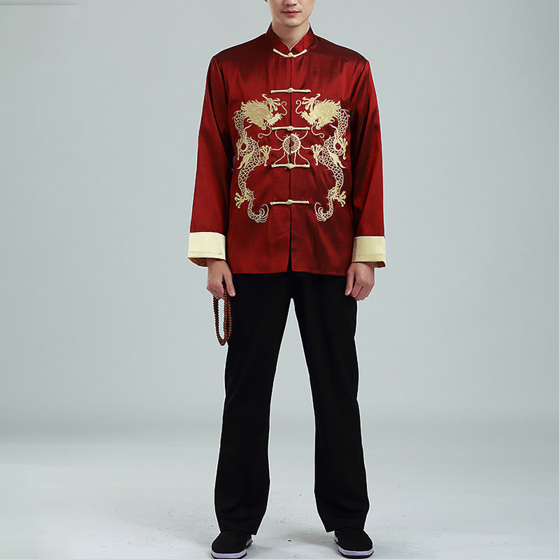 Buddha Stones Ricama Drago Maniche Girate Casual Rana-bottoni Fibra di Poliestere Giacca Camicia Pantaloni Abbigliamento Uomo