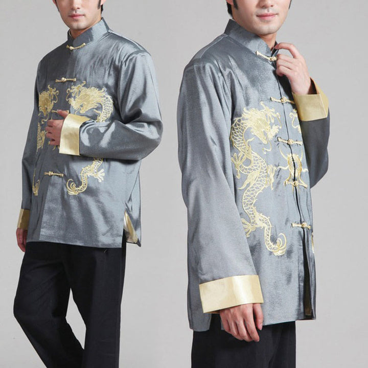 Buddha Stones Ricama Drago Maniche Girate Casual Rana-bottoni Fibra di Poliestere Giacca Camicia Pantaloni Abbigliamento Uomo