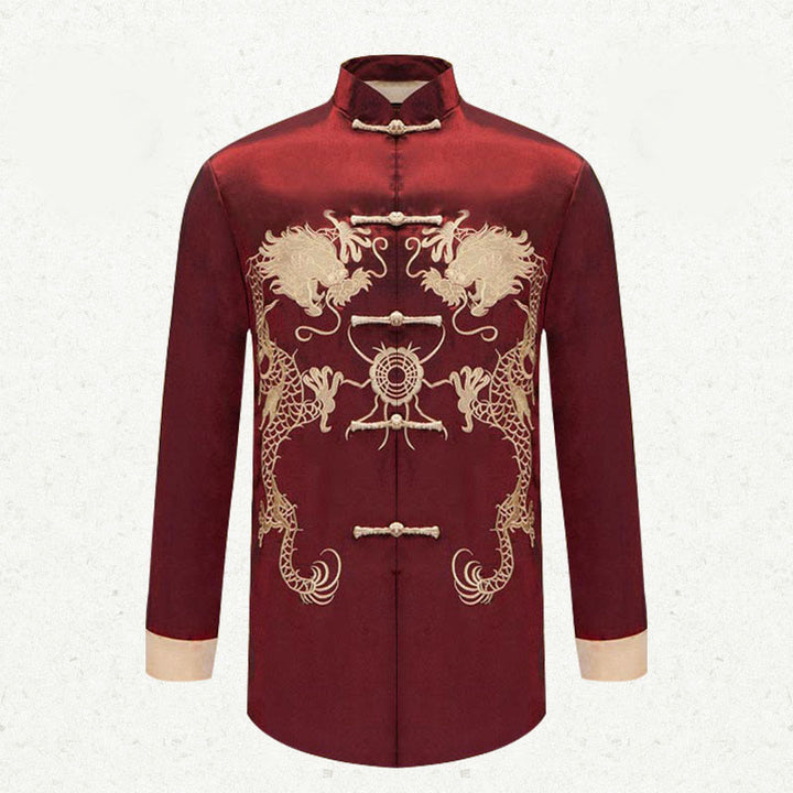 Buddha Stones Ricama Drago Maniche Girate Casual Rana-bottoni Fibra di Poliestere Giacca Camicia Pantaloni Abbigliamento Uomo