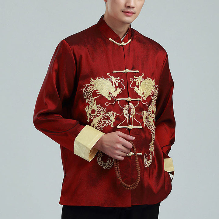 Buddha Stones Ricama Drago Maniche Girate Casual Rana-bottoni Fibra di Poliestere Giacca Camicia Pantaloni Abbigliamento Uomo