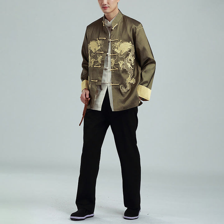 Buddha Stones Ricama Drago Maniche Girate Casual Rana-bottoni Fibra di Poliestere Giacca Camicia Pantaloni Abbigliamento Uomo
