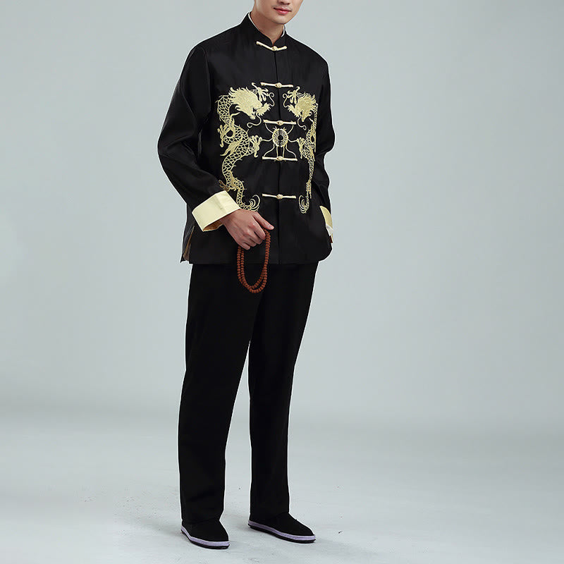 Buddha Stones Ricama Drago Maniche Girate Casual Rana-bottoni Fibra di Poliestere Giacca Camicia Pantaloni Abbigliamento Uomo