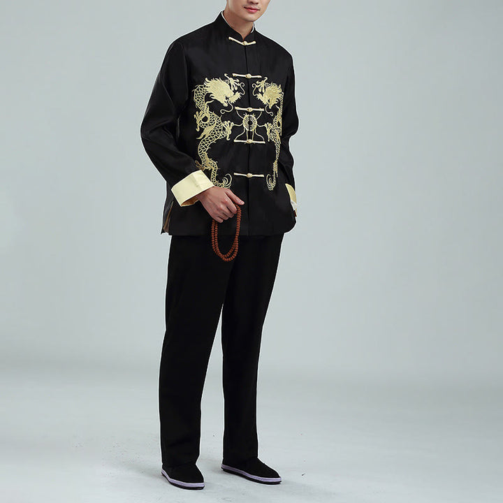 Buddha Stones Ricama Drago Maniche Girate Casual Rana-bottoni Fibra di Poliestere Giacca Camicia Pantaloni Abbigliamento Uomo