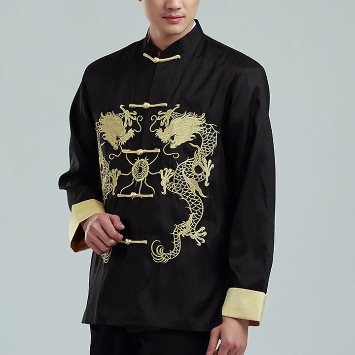 Buddha Stones Ricama Drago Maniche Girate Casual Rana-bottoni Fibra di Poliestere Giacca Camicia Pantaloni Abbigliamento Uomo