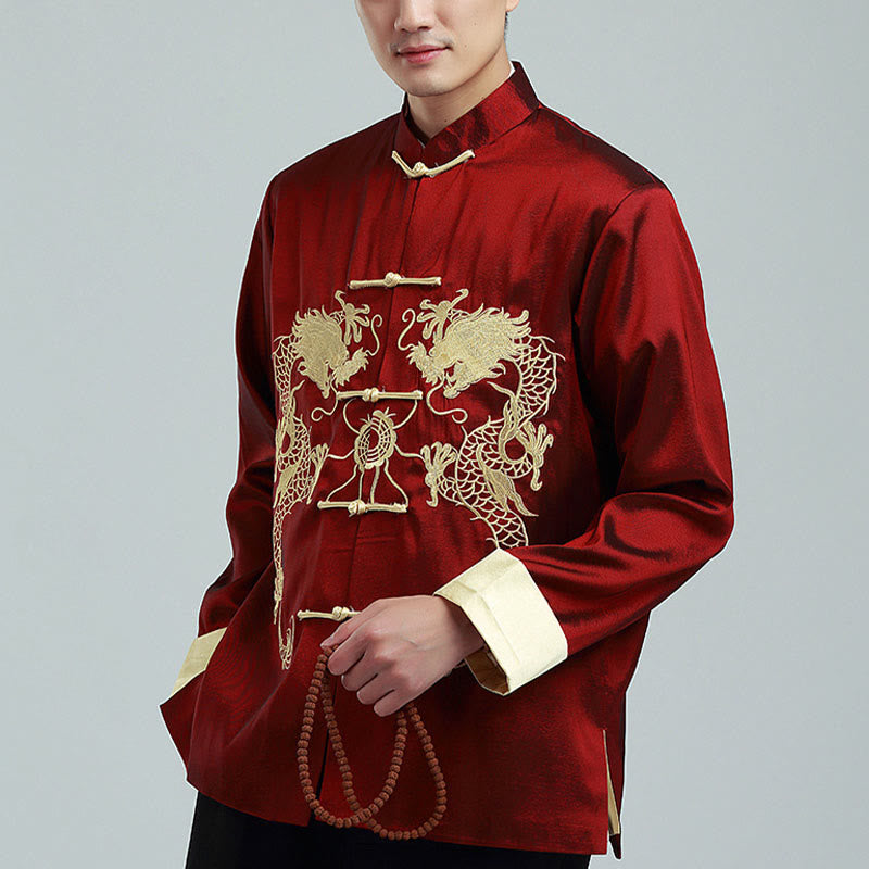 Buddha Stones Ricama Drago Maniche Girate Casual Rana-bottoni Fibra di Poliestere Giacca Camicia Pantaloni Abbigliamento Uomo