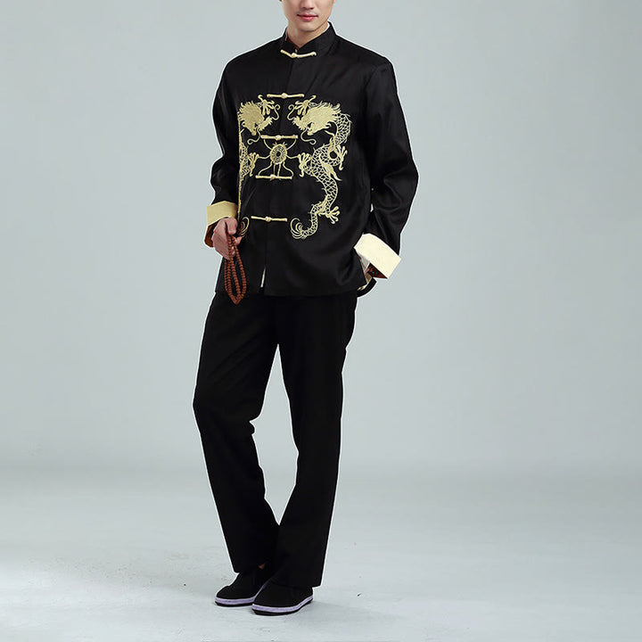 Buddha Stones Ricama Drago Maniche Girate Casual Rana-bottoni Fibra di Poliestere Giacca Camicia Pantaloni Abbigliamento Uomo