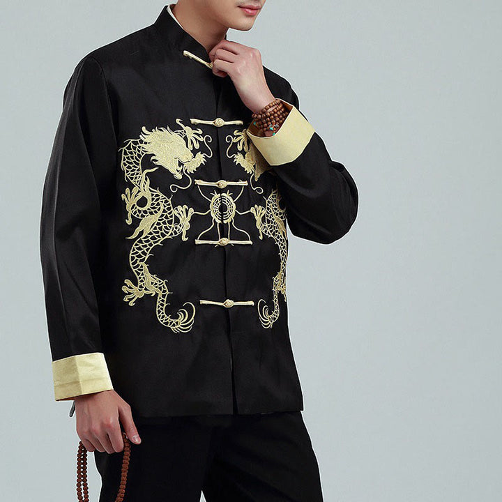 Buddha Stones Ricama Drago Maniche Girate Casual Rana-bottoni Fibra di Poliestere Giacca Camicia Pantaloni Abbigliamento Uomo
