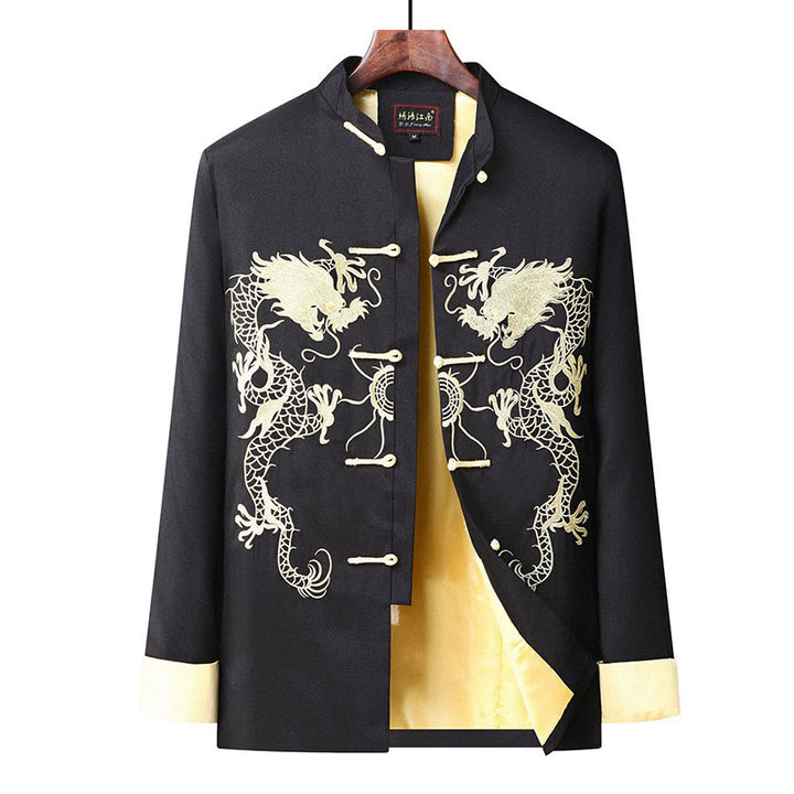 Buddha Stones Ricama Drago Maniche Girate Casual Rana-bottoni Fibra di Poliestere Giacca Camicia Pantaloni Abbigliamento Uomo