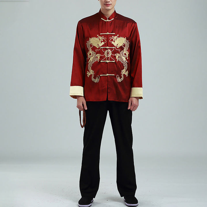 Buddha Stones Ricama Drago Maniche Girate Casual Rana-bottoni Fibra di Poliestere Giacca Camicia Pantaloni Abbigliamento Uomo - image 3