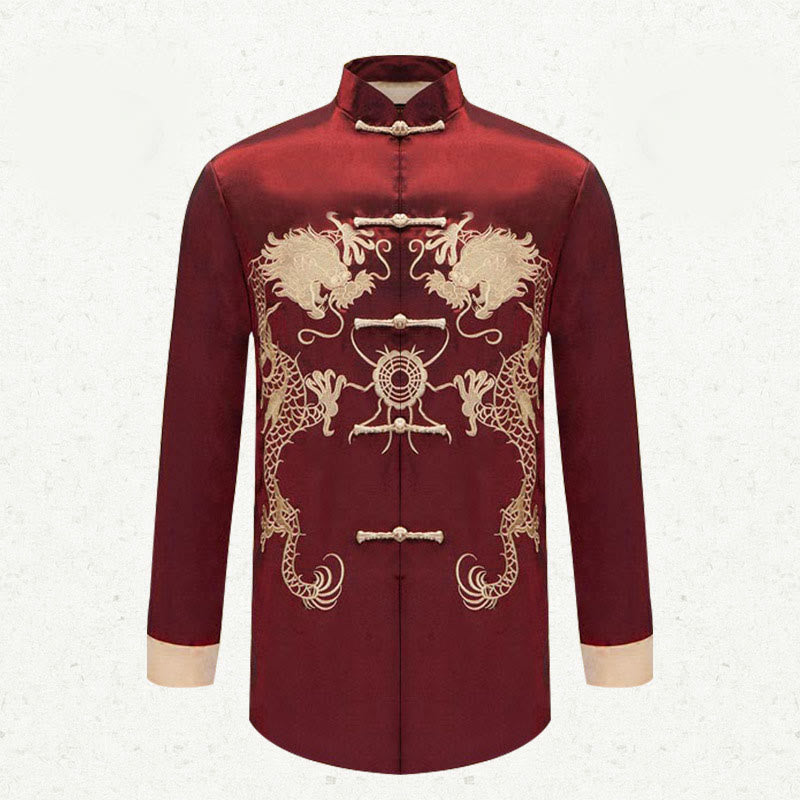 Buddha Stones Ricama Drago Maniche Girate Casual Rana-bottoni Fibra di Poliestere Giacca Camicia Pantaloni Abbigliamento Uomo - image 7