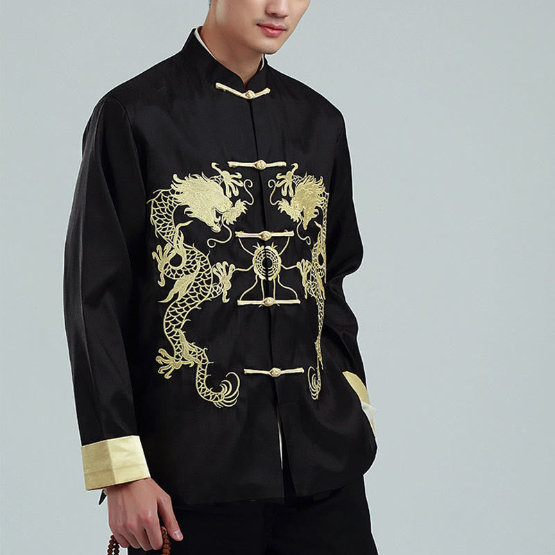 Buddha Stones Ricama Drago Maniche Girate Casual Rana-bottoni Fibra di Poliestere Giacca Camicia Pantaloni Abbigliamento Uomo