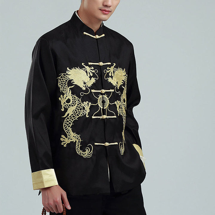 Buddha Stones Ricama Drago Maniche Girate Casual Rana-bottoni Fibra di Poliestere Giacca Camicia Pantaloni Abbigliamento Uomo