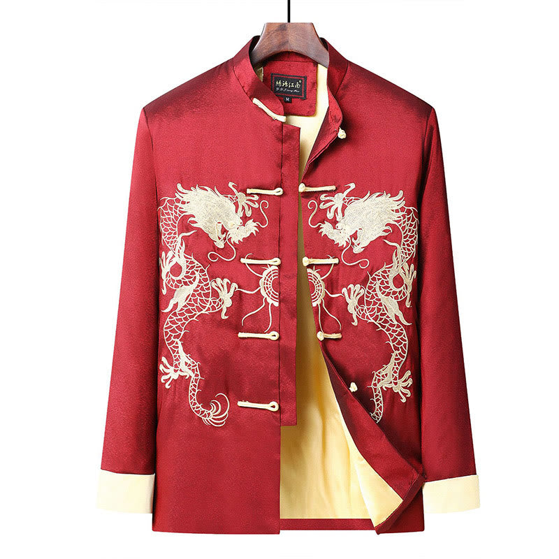 Buddha Stones Ricama Drago Maniche Girate Casual Rana-bottoni Fibra di Poliestere Giacca Camicia Pantaloni Abbigliamento Uomo