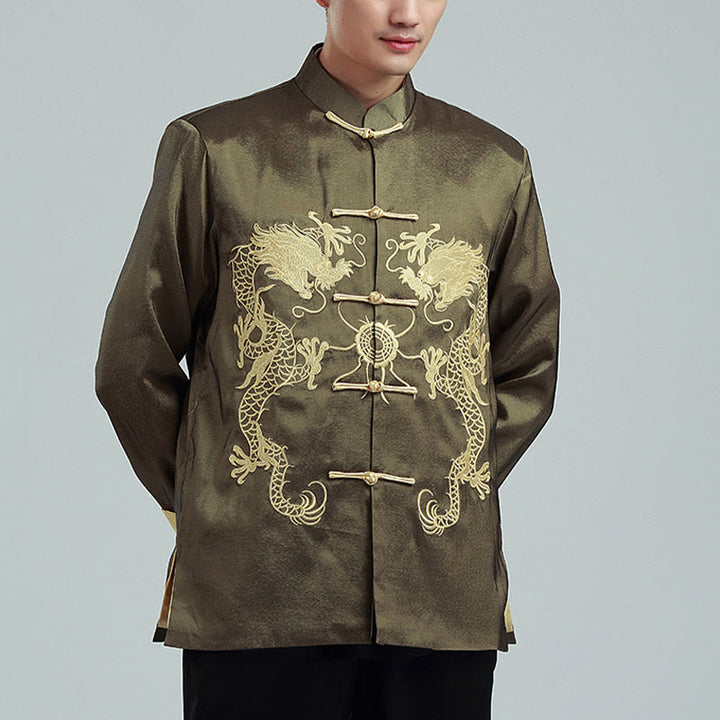 Buddha Stones Ricama Drago Maniche Girate Casual Rana-bottoni Fibra di Poliestere Giacca Camicia Pantaloni Abbigliamento Uomo