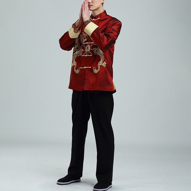 Buddha Stones Ricama Drago Maniche Girate Casual Rana-bottoni Fibra di Poliestere Giacca Camicia Pantaloni Abbigliamento Uomo - image 4