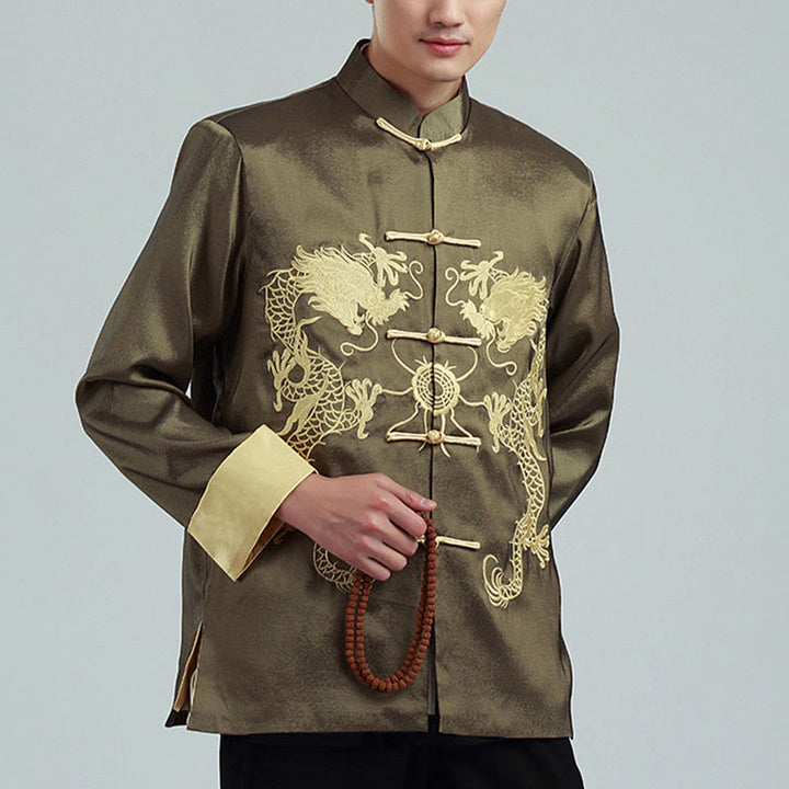 Buddha Stones Ricama Drago Maniche Girate Casual Rana-bottoni Fibra di Poliestere Giacca Camicia Pantaloni Abbigliamento Uomo