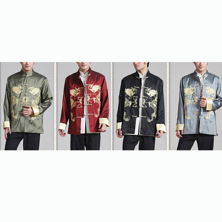 Buddha Stones Ricama Drago Maniche Girate Casual Rana-bottoni Fibra di Poliestere Giacca Camicia Pantaloni Abbigliamento Uomo