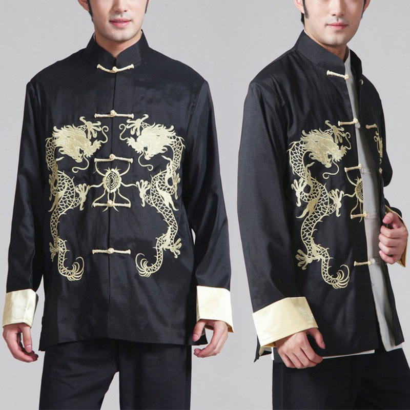 Buddha Stones Ricama Drago Maniche Girate Casual Rana-bottoni Fibra di Poliestere Giacca Camicia Pantaloni Abbigliamento Uomo - image 16