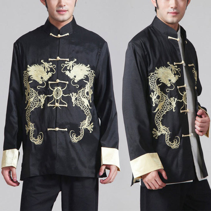 Buddha Stones Ricama Drago Maniche Girate Casual Rana-bottoni Fibra di Poliestere Giacca Camicia Pantaloni Abbigliamento Uomo - image 16