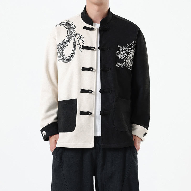 Buddha Stones Dragon Ricamo Casual Rana-bottoni Cotone Uomo Giacca Camicia Abbigliamento - Bianco - US/UK/AU46, EU56 (5XL) - image 1