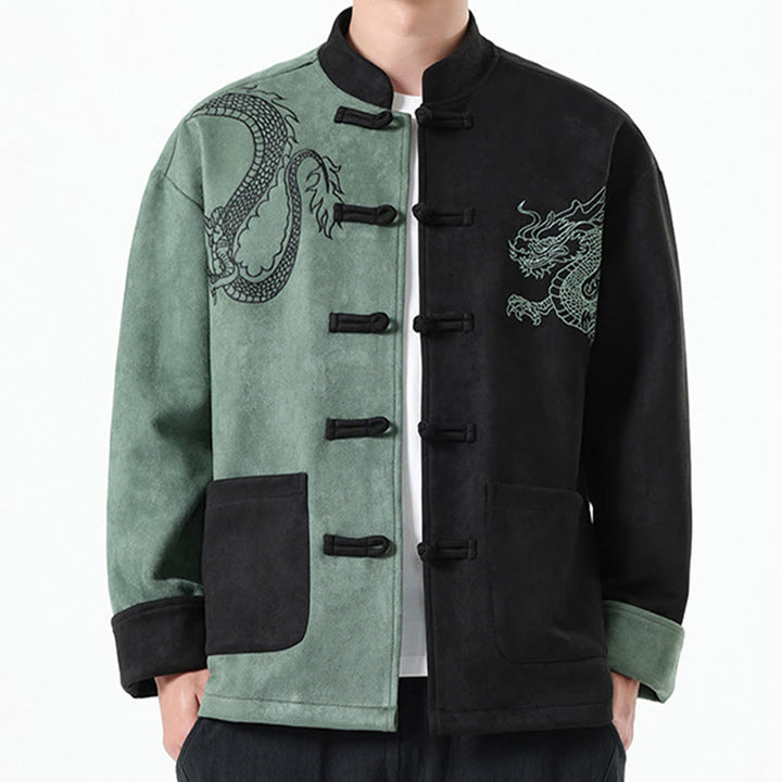 Buddha Stones Dragon Ricamo Casual Rana-bottoni Cotone Uomo Giacca Camicia Abbigliamento - Verdemare medio - US/UK/AU46, EU56 (5XL) - image 13