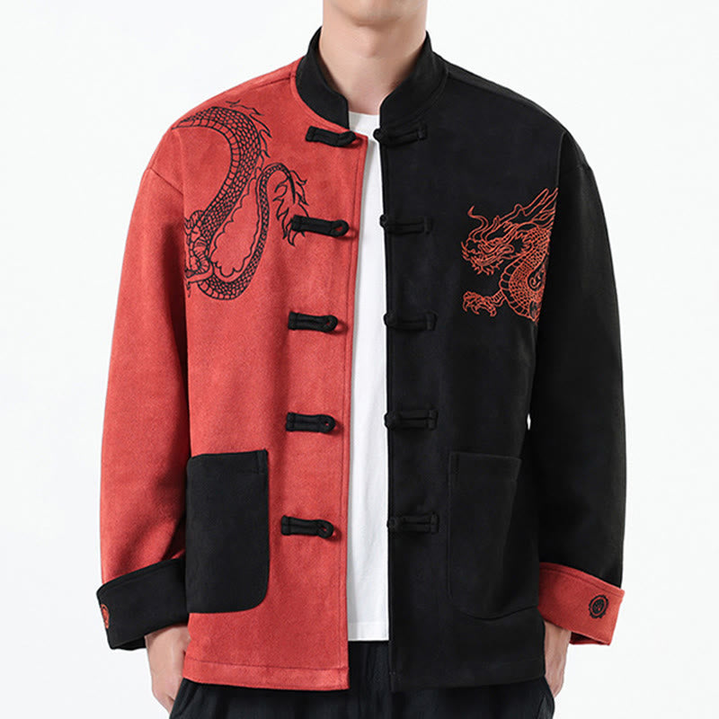 Buddha Stones Dragon Ricamo Casual Rana-bottoni Cotone Uomo Giacca Camicia Abbigliamento - Corallo chiaro - US/UK/AU46, EU56 (5XL) - image 34