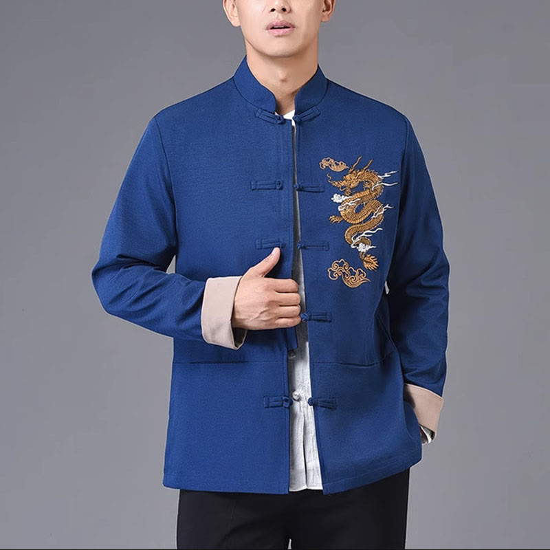 Giacca da uomo in poliestere con bottoni a forma di rana, ricamo Buddha Stones Dragon, con tasche - Blu scuro - US/UK/AU44, EU54 (4XL) - image 17