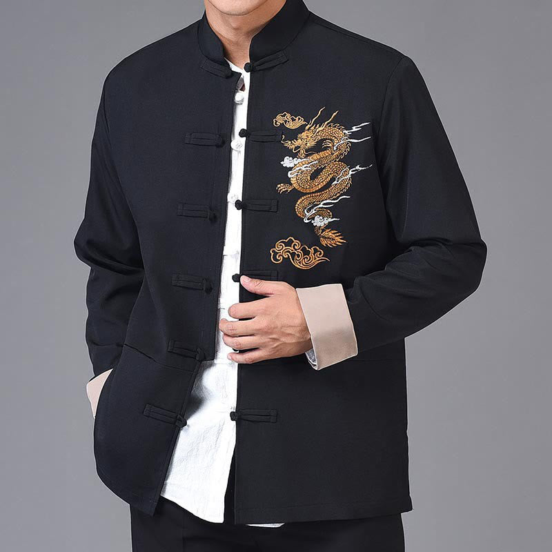 Giacca da uomo in poliestere con bottoni a forma di rana, ricamo Buddha Stones Dragon, con tasche - Nero - US/UK/AU44, EU54 (4XL) - image 0