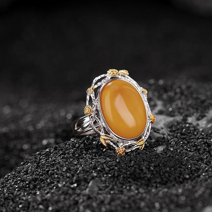 Anello regolabile Buddha Stones 990 Sterling Silver placcato oro Ambra Focus