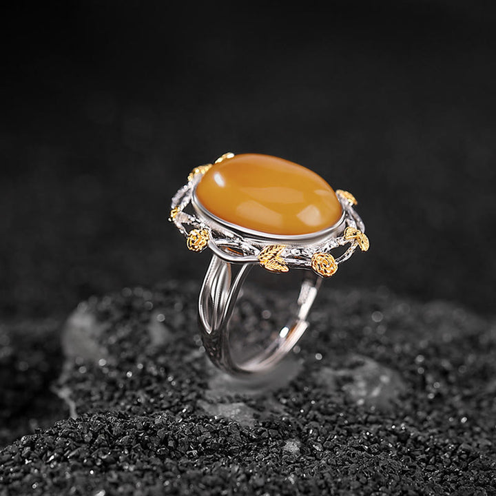 Anello regolabile Buddha Stones 990 Sterling Silver placcato oro Ambra Focus - image 1