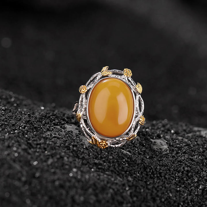 Anello regolabile Buddha Stones 990 Sterling Silver placcato oro Ambra Focus