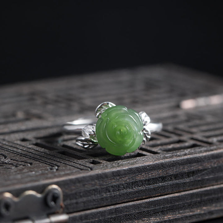 Anello regolabile Buddha Stones 925 Sterling Silver Jade Green Rose Luck