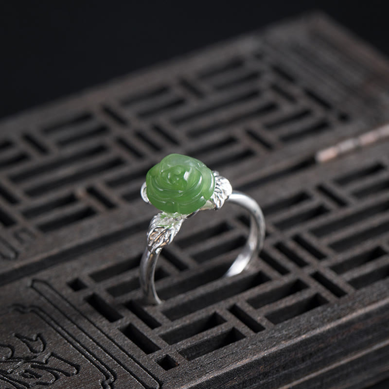 Anello regolabile Buddha Stones 925 Sterling Silver Jade Green Rose Luck