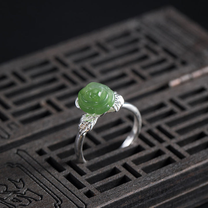 Anello regolabile Buddha Stones 925 Sterling Silver Jade Green Rose Luck