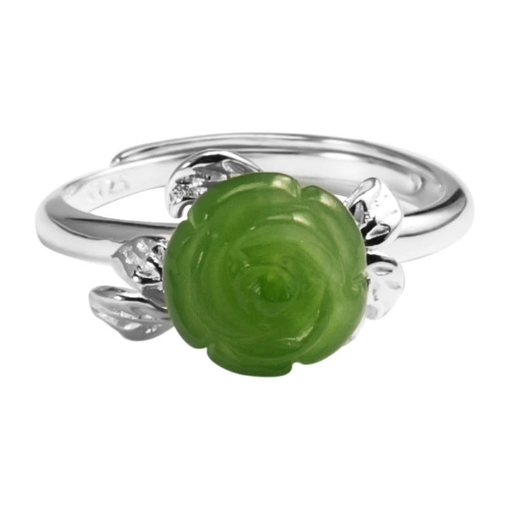 Anello regolabile Buddha Stones 925 Sterling Silver Jade Green Rose Luck