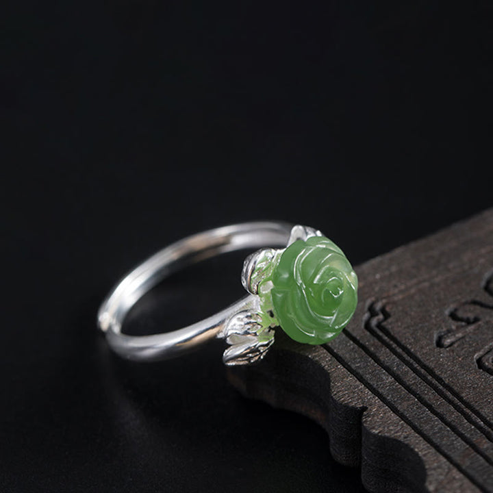 Anello regolabile Buddha Stones 925 Sterling Silver Jade Green Rose Luck
