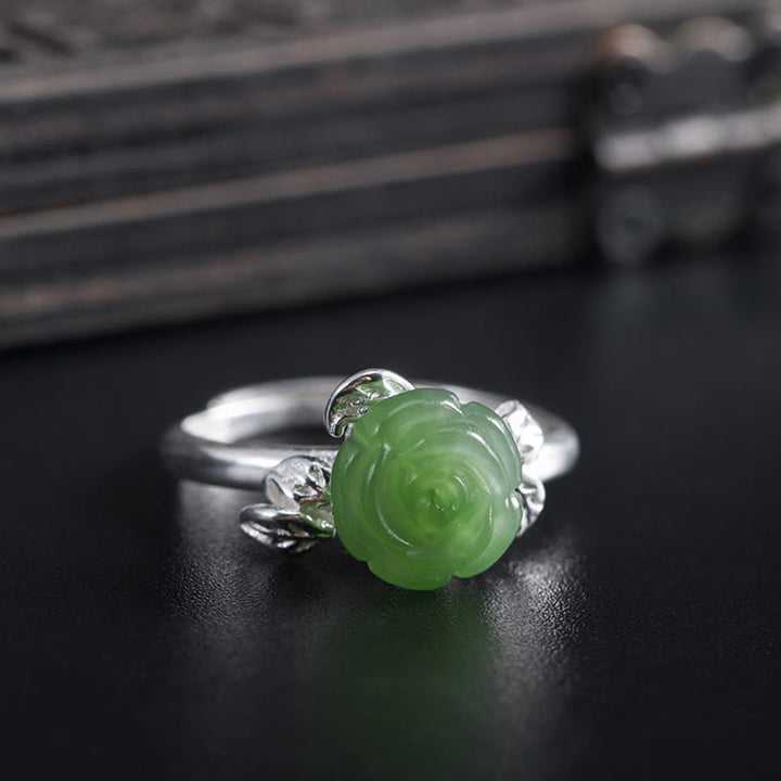 Anello regolabile Buddha Stones 925 Sterling Silver Jade Green Rose Luck