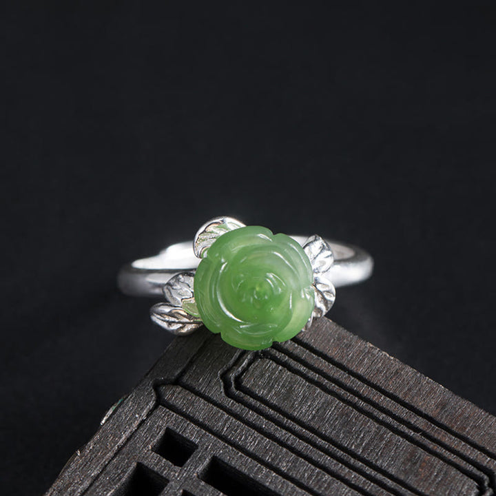Anello regolabile Buddha Stones 925 Sterling Silver Jade Green Rose Luck