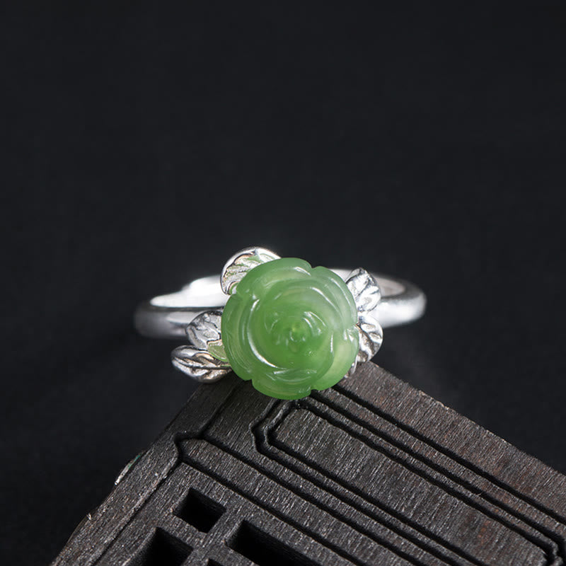 Anello regolabile Buddha Stones 925 Sterling Silver Jade Green Rose Luck - Rosa di giada (circonferenza: 56-59 mm) - image 0