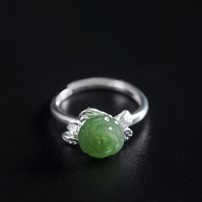 Anello regolabile Buddha Stones 925 Sterling Silver Jade Green Rose Luck
